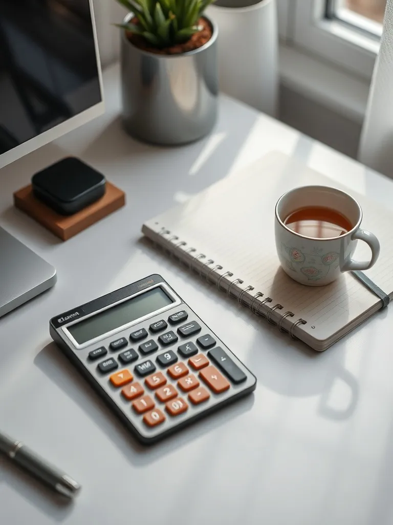 A cozy desk setup with a calculator, a notebook, and a cup o