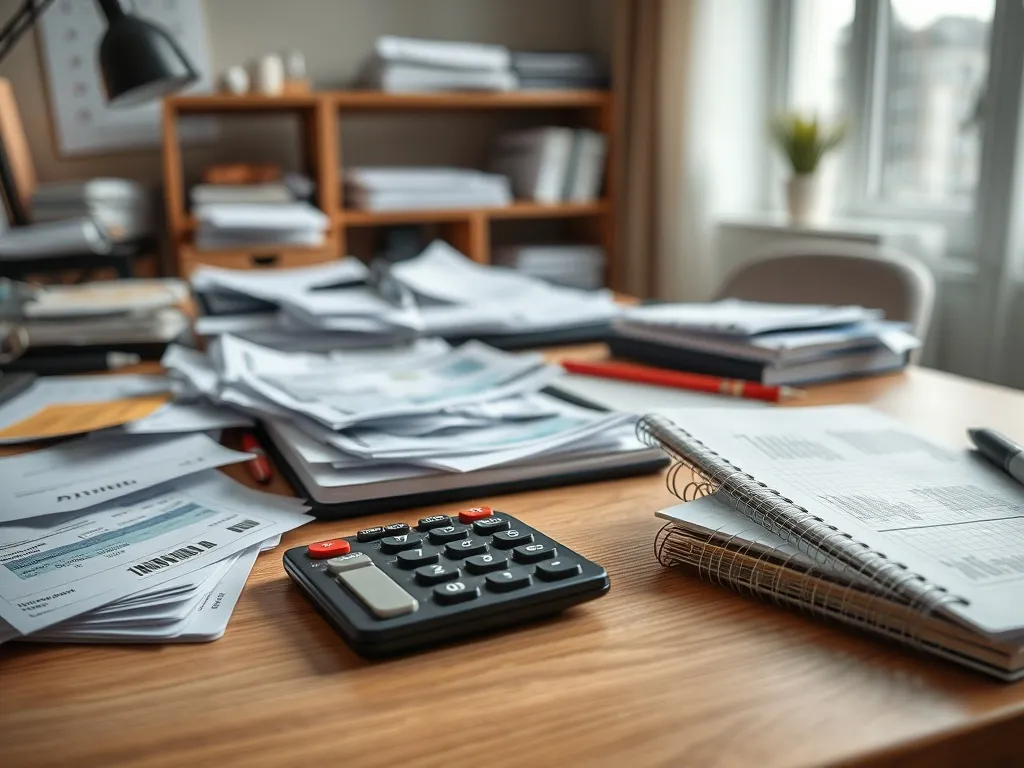 A close-up shot of a messy desk with unpaid bills, a calcula