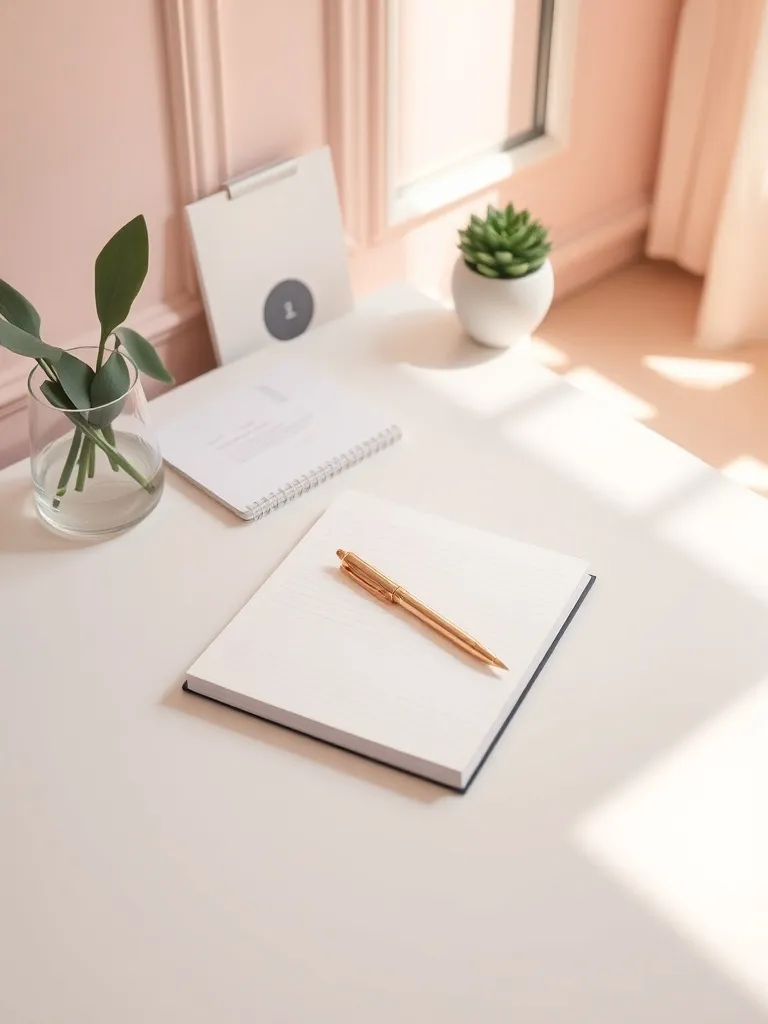 A minimalist, high-angle shot of a clean desk with a noteboo