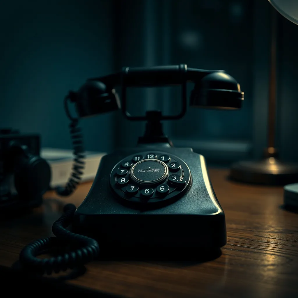 A dark, moody close-up of a vintage telephone receiver resti