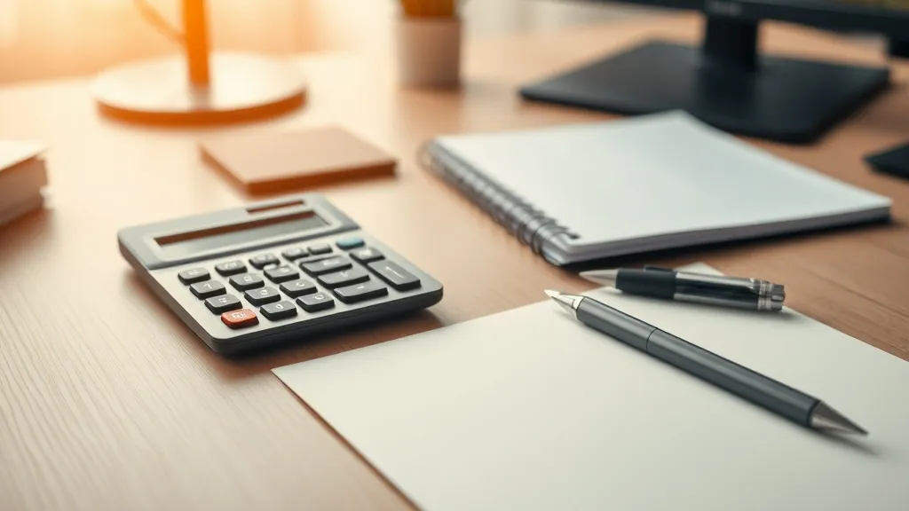 A professional office desk with a calculator, a pen, and a b