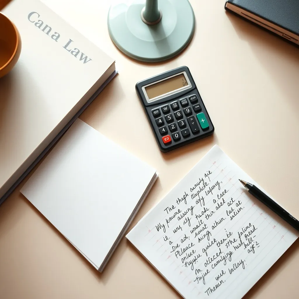A clean, organized desk with a Canadian law book, a calculat