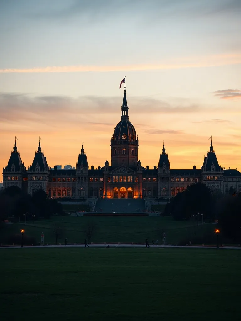 A wide atmospheric landscape of Ottawa Parliament Hill at su